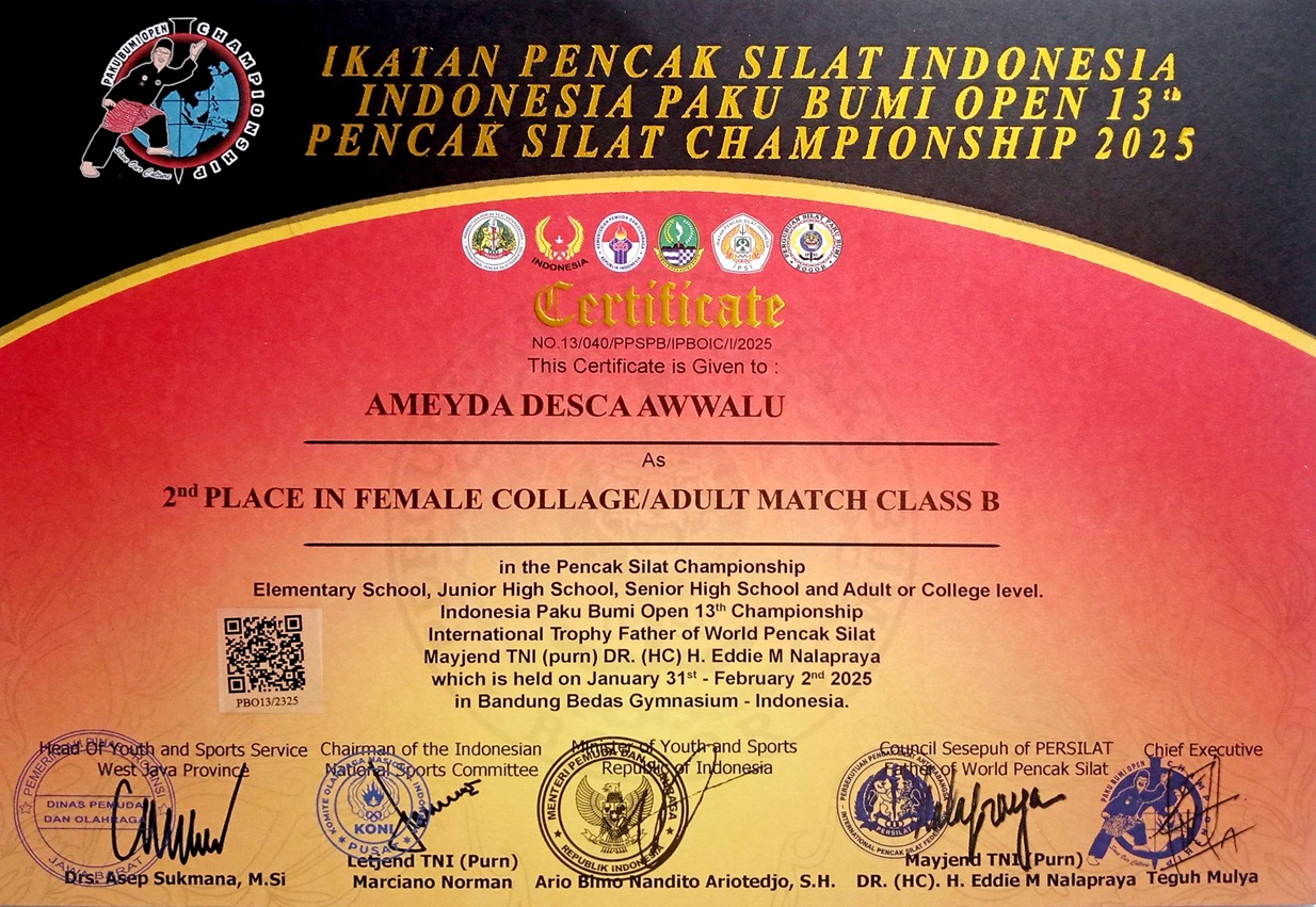 Juara 2 Ikatan Pencak Silat Inonesia, kategori fighter kelas B putri dewasa paku bumi open 13 champions 2025